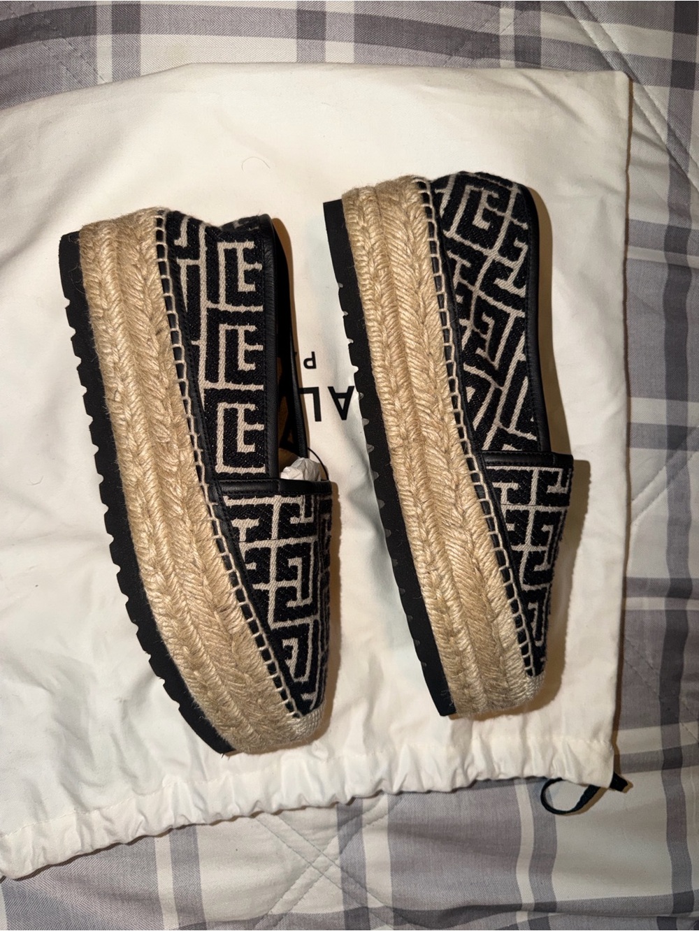 Balmain Black and Cream Geometric Espadrille Platform Loafers